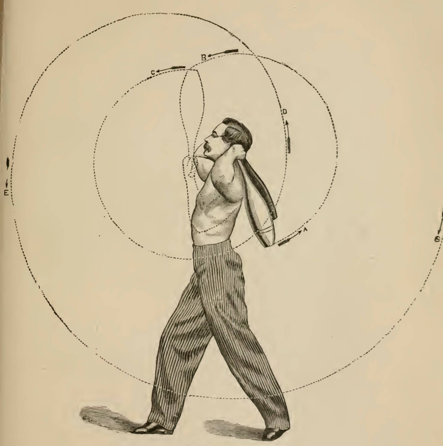 Engraved drawing of man describing the motions used when performing Exercise 10
